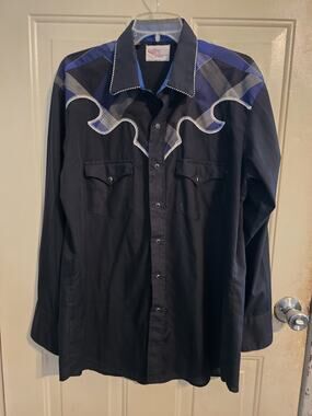 Vtg Kenny Rogers Western Black/Blue Plaid Shirt Pearl Snap Rodeo Concert 17/34